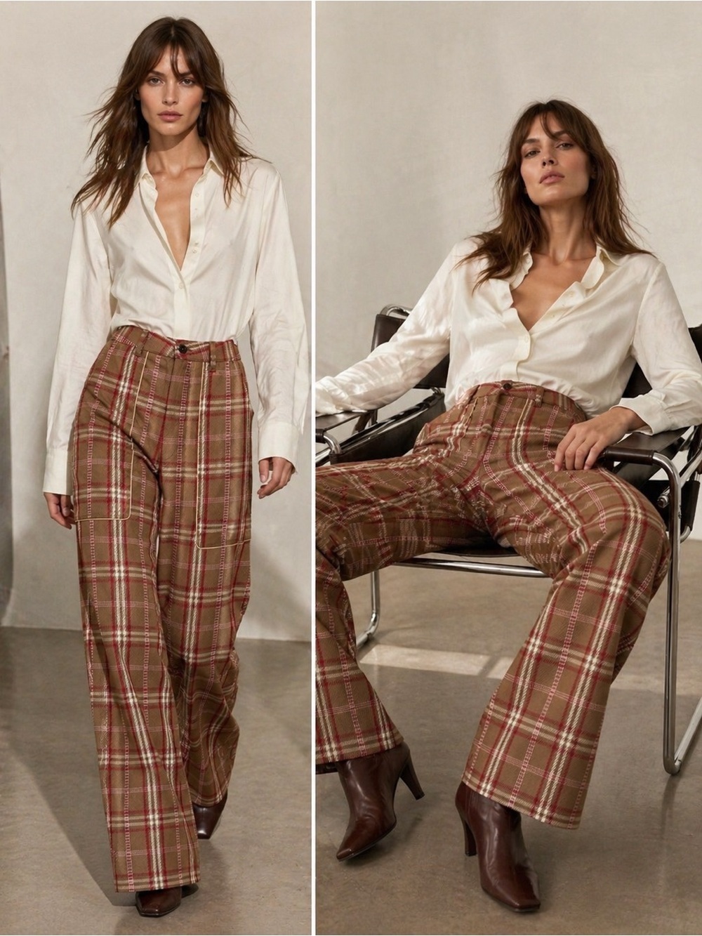 Nine:inthe:Morning Wool Plaid Wide Leg Trousers NWT $450 MSRP Italian Luxury